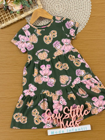 Vestido Infantil Momi Inverno Verde Ursinho Docinhos