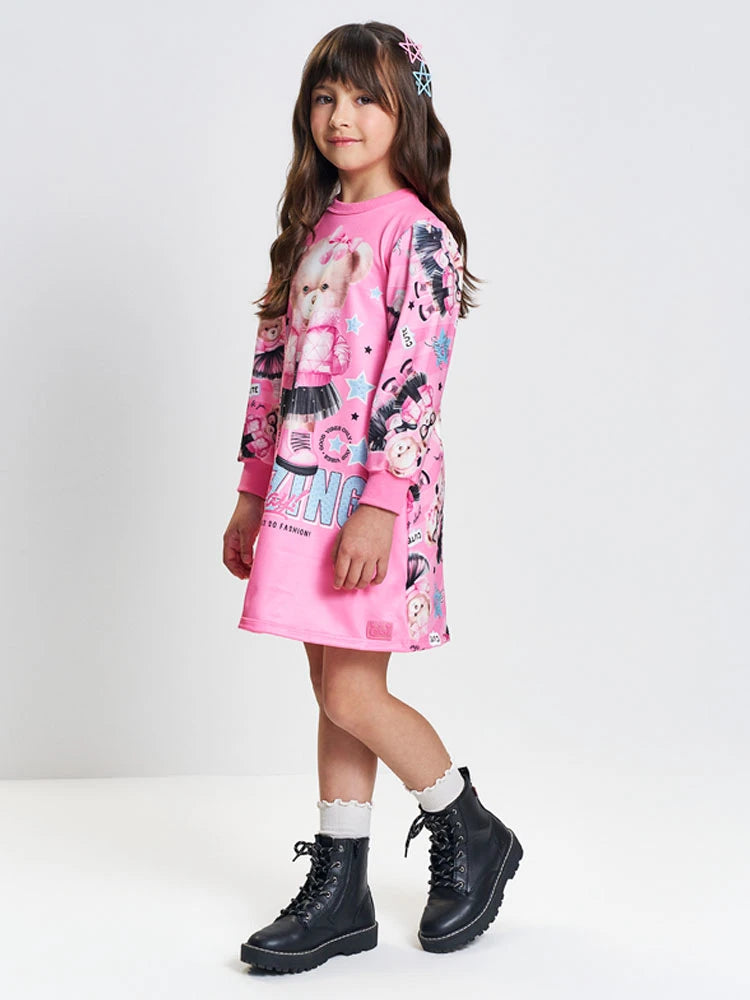 Vestido Infantil Cinti Inverno Térmico Rosa Ursinha Amazing