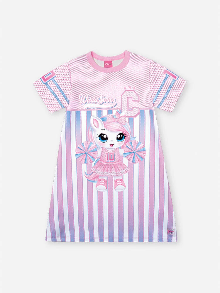 Vestido Infantil Cinti Verão Rosa Listrado Unicórnio World Series