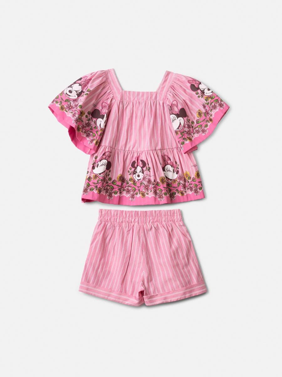 Conjunto Infantil Menina Animê com Shorts e Blusa Listrada Rosa Minnie Florista Disney