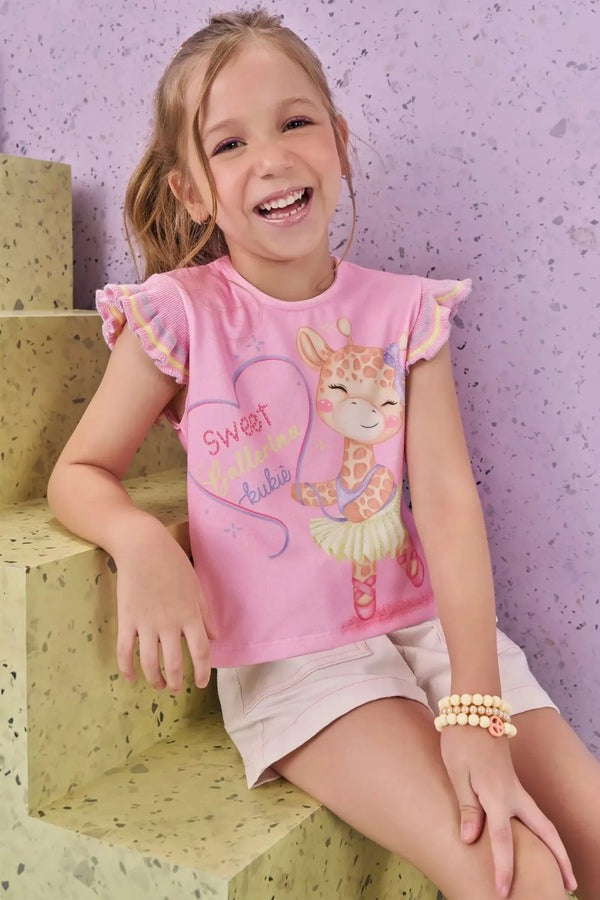 Blusa Infantil Kukiê Verão Rosa Girafinha Bailarina