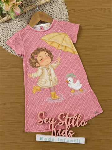 Vestido Infantil Kukiê Inverno Manga Curta Rosa Menininha na Chuva