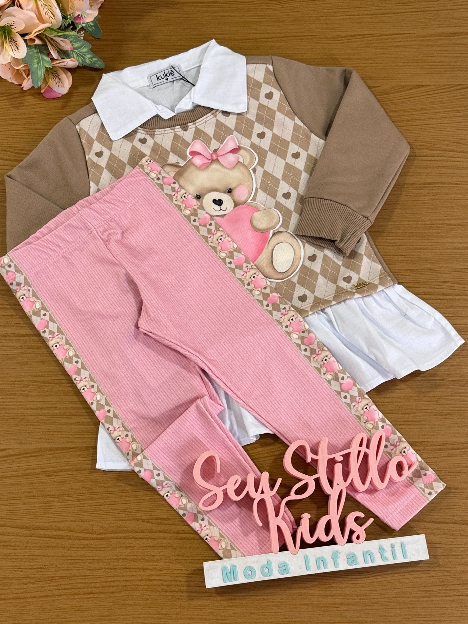 Conjunto Infantil Kukie Inverno Calça Rosa e Moletom Peluciado Ursinha