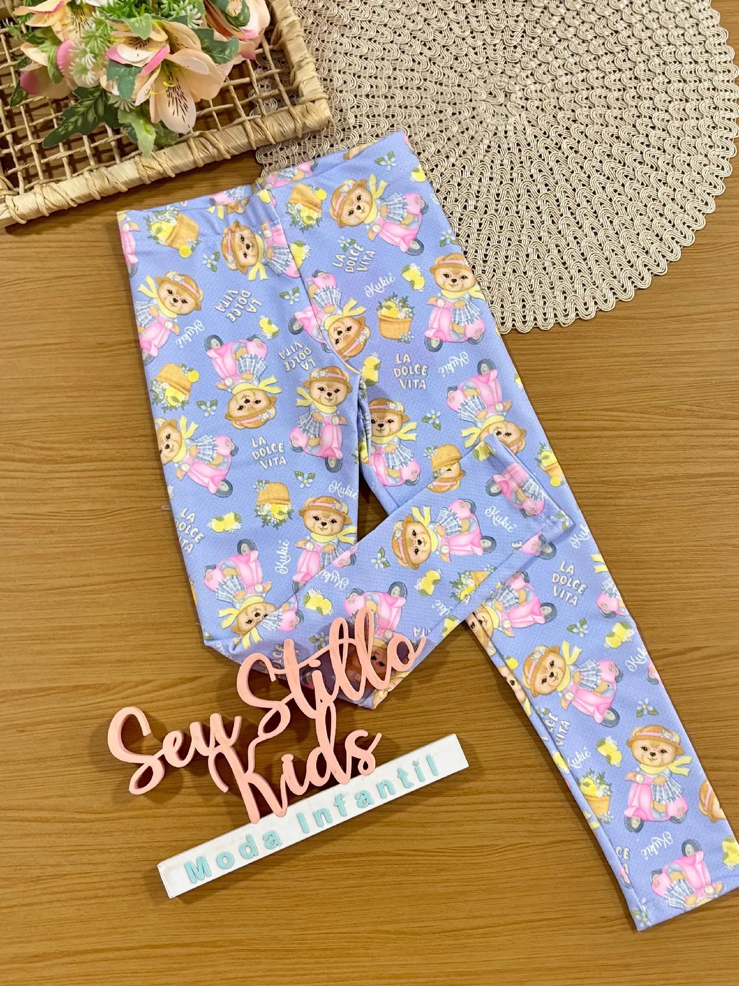 Calça Legging Infantil Kukiê Azul Ursinha La Dolce Vita
