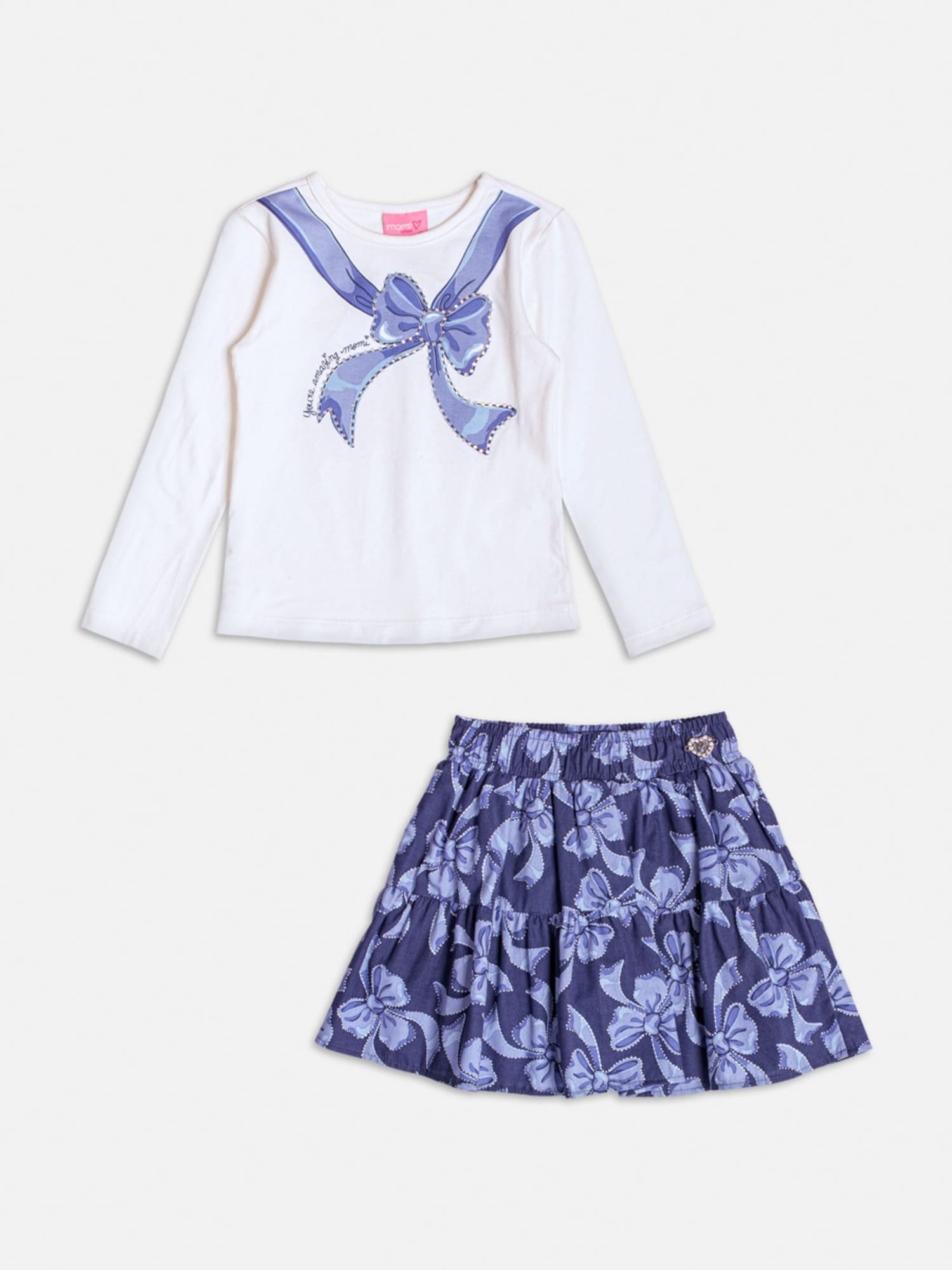Conjunto Infantil Momi Inverno com Saia Azul e Blusa Branca Lacinho