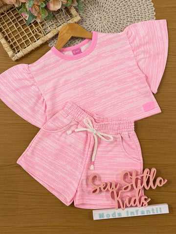 Conjunto Infantil Cinti Inverno com Shorts e Blusa Manga Curta Rosa Listrada