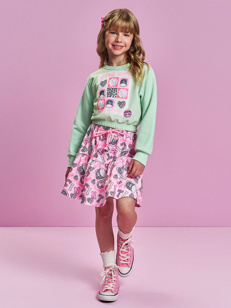 Vestido Infantil Cinti Inverno Rosa com Moletom sem Flanela Verde Happy
