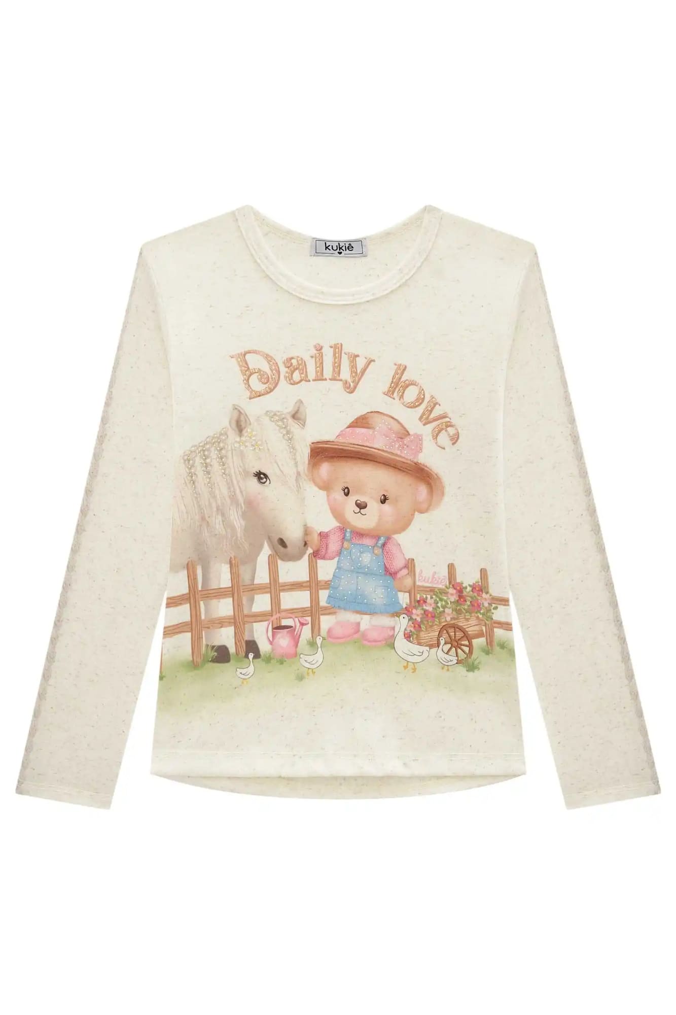 Blusa Infantil Kukie Inverno Manga Longa Off White Ursinha na Fazenda