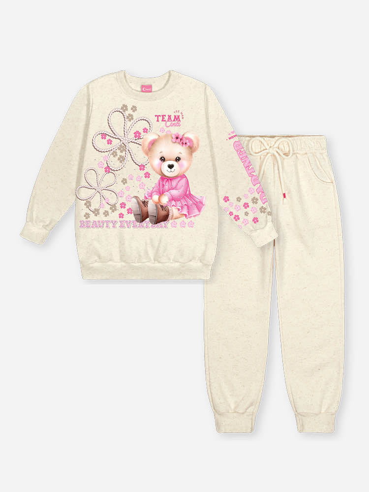 Conjunto Infantil Cinti Inverno com Calça e Moletom Flanelado Off White Ursinha