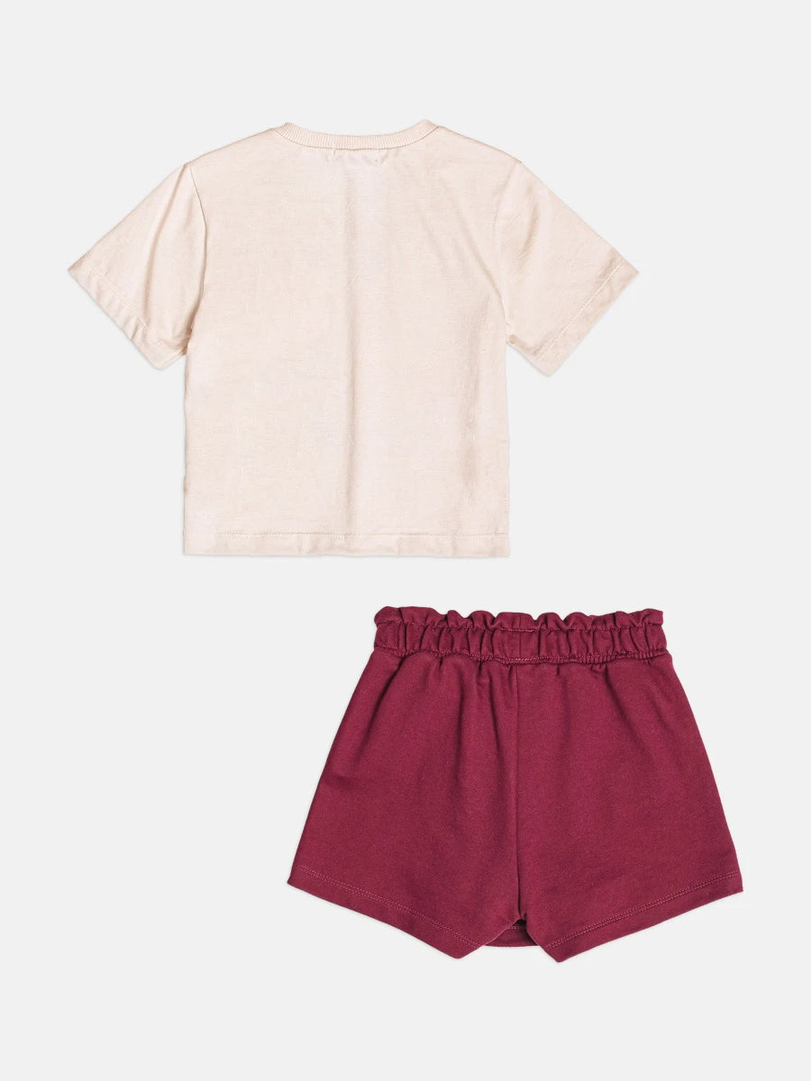 Conjunto Infantil Momi Inverno, Shorts Saia Vinho com Lacinho e Blusa Manga Curta Coraçãoes