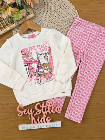 Conjunto Infantil Momi Inverno com Calça Legging Rosa e Moletom sem Flanela Ursinha em Paris