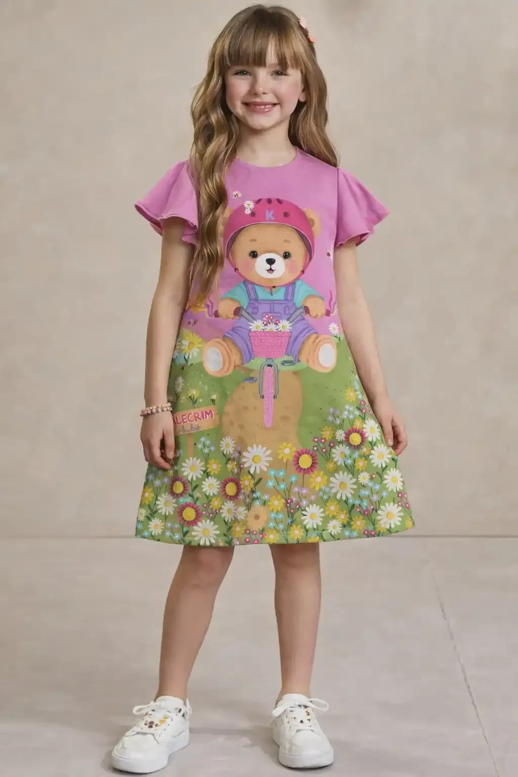 Vestido Infantil Kukie Rosa Ursinha Ciclista