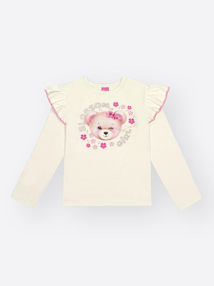 Conjunto Infantil Cinti Inverno com Shorts Saia Bege e Blusa Manga Longa Ursinha Flor