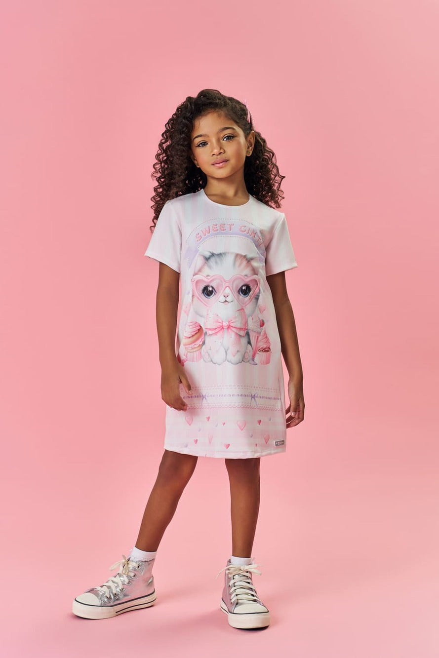 Vestido Infantil Cinti Verão Rosa Listrado Gatinha