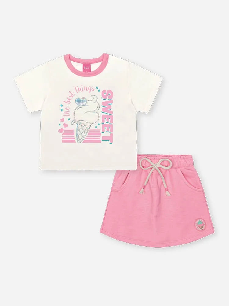 Conjunto Infantil Menina Cinti com Short-Saia Rosa e Blusa Branca Sweet