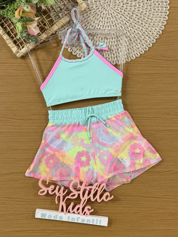 Biquíni Infantil Kukiê Verão Azul com Shorts em Tela Colorido