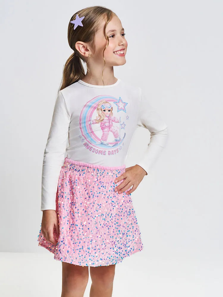 Conjunto Infantil Cinti Inverno Com Saia Rosa Paetê e Blusa Branca Menina Aventureira.