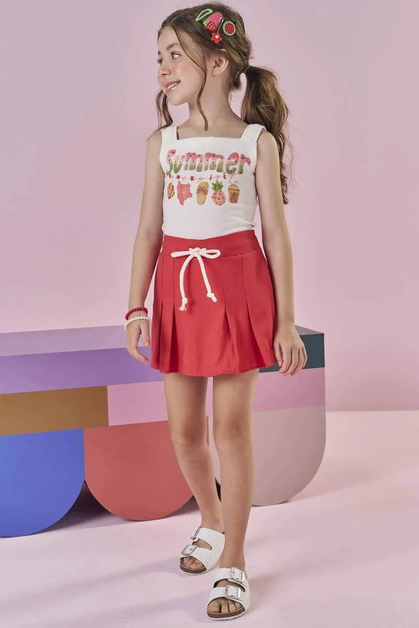 Conjunto Infantil Kukiê Verão com Shorts Saia Vermelha e Blusa Branca Summer