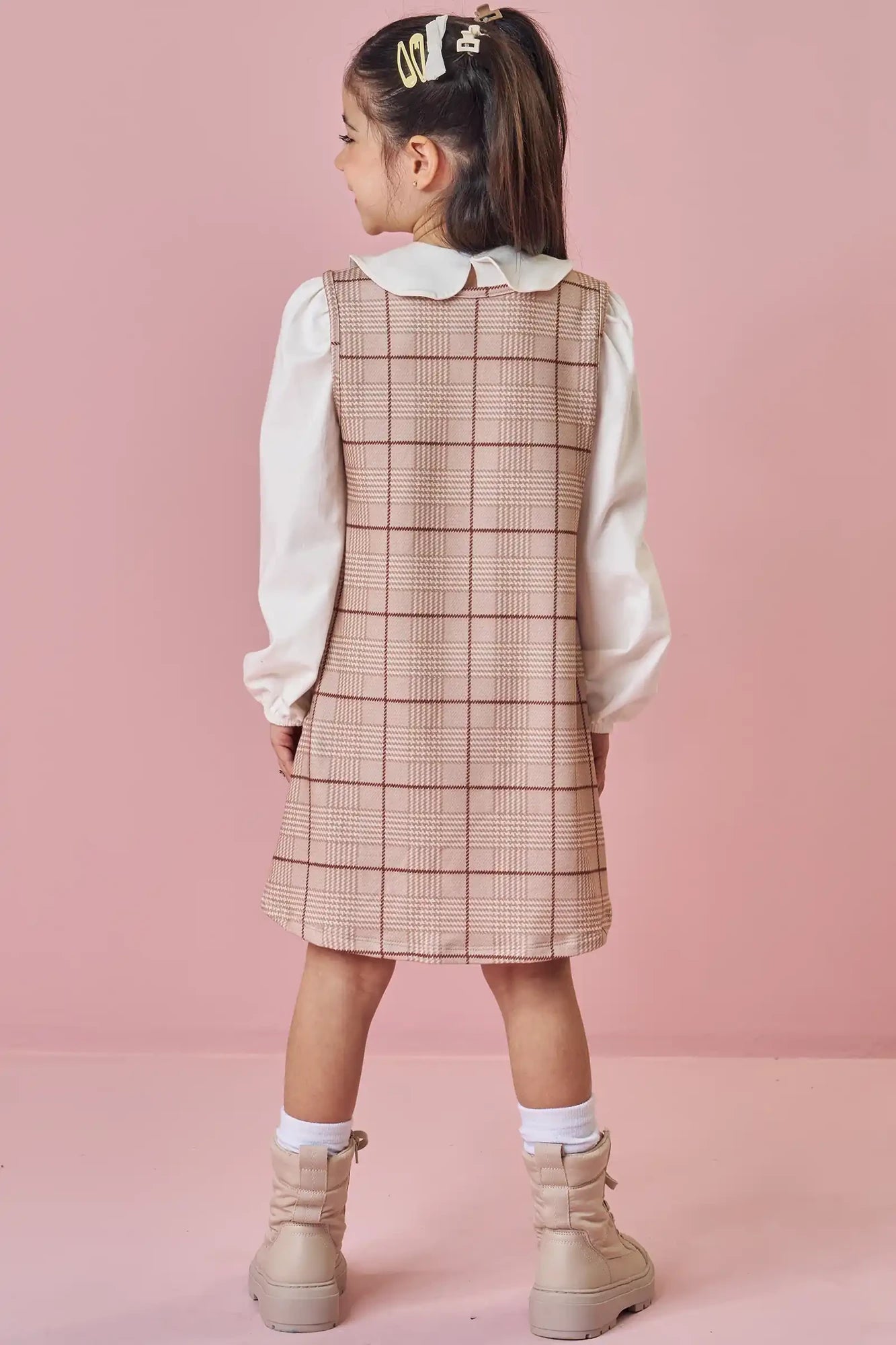 Vestido Infantil Kukiê Inverno Bege com Blusa Manga Longa Coração