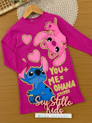 Vesdido Infantil Bimbi Inverno Manga Longa Rosa Escuro Stitch e Angel Love