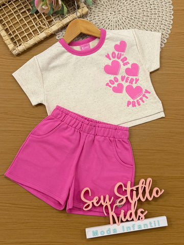 Conjunto Infantil Cinti Inverno com Shorts Rosa e Blusa Manga Curta Coraçãoes