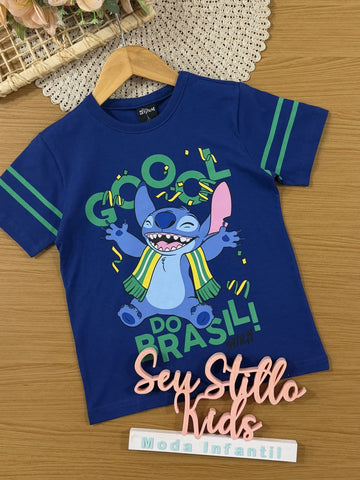 Blusa Infantil Brandili Inverno Manga Curta Azul Stitch Copa Brasil Disney