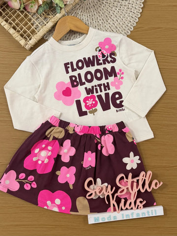Conjunto Infantil Bimbi Inverno com Saia e Blusa Bege Flowers