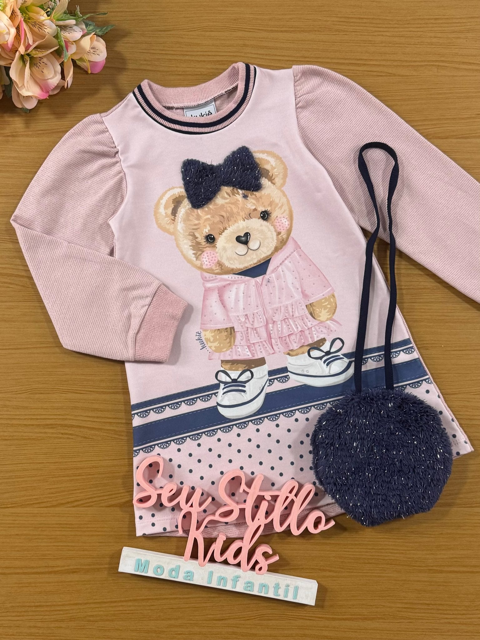 Vestido Infantil Kukie Inverno Ursinha Rosa Com Bolsinha