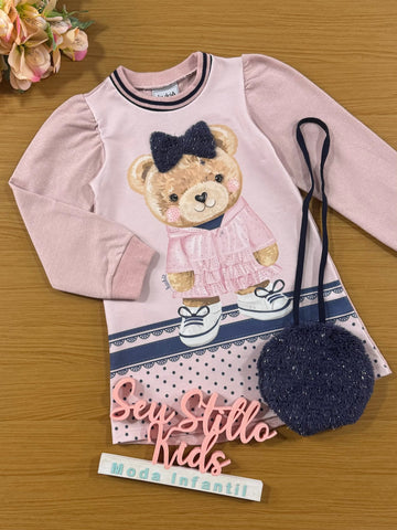 Vestido Infantil Kukie Inverno Ursinha Rosa Com Bolsinha