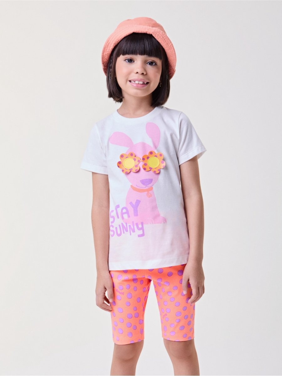 Conjunto Infantil Bimbi Verão com Shorts Ciclista Laranja e Blusa Branca Stay Sunny