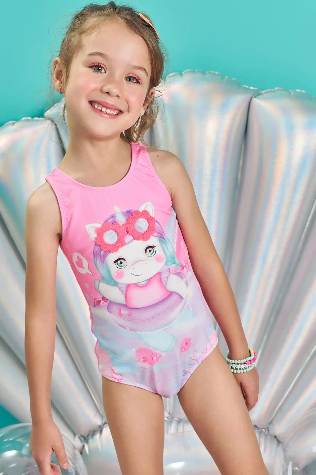 Maiô Infantil Kukiê Verão Rosa Unicórnio Fundo do Mar