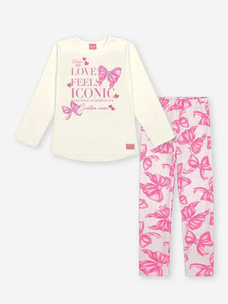 Conjunto Infantil Cinti Inverno com Calça Legging Off White e Blusa Manga Longa Lacinho Love