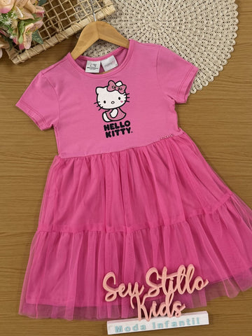 Vestido Infantil Momi Verão Rosa com Tule Hello Kitty