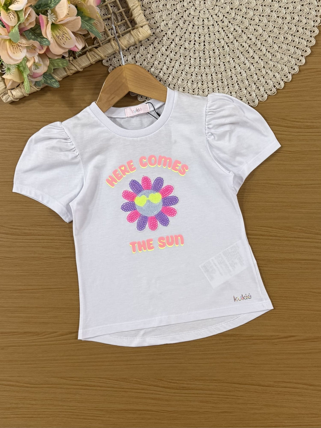 Conjunto Infantil Kukiê Verão com Shorts Ciclista Rosa e Blusa Branca Flozinha