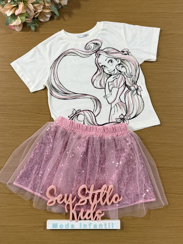 Conjunto Infantil Momi Inverno com Saia Rosa e Blusa Rapunzel Disney