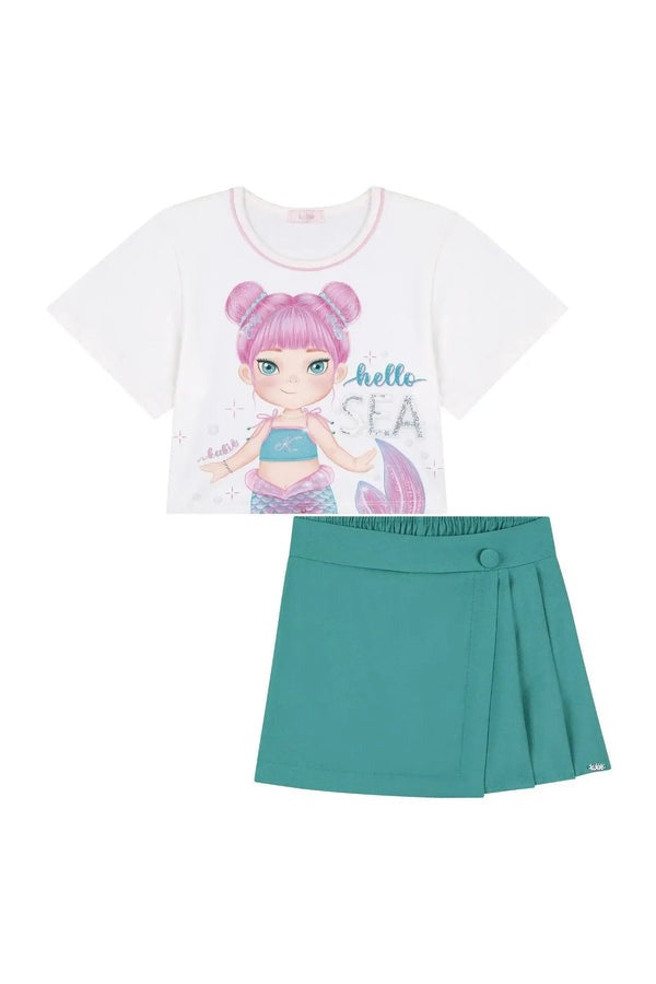 Conjunto Infantil Kukiê Verão com Shorts Saia Azul e Blusa Branca Sereia