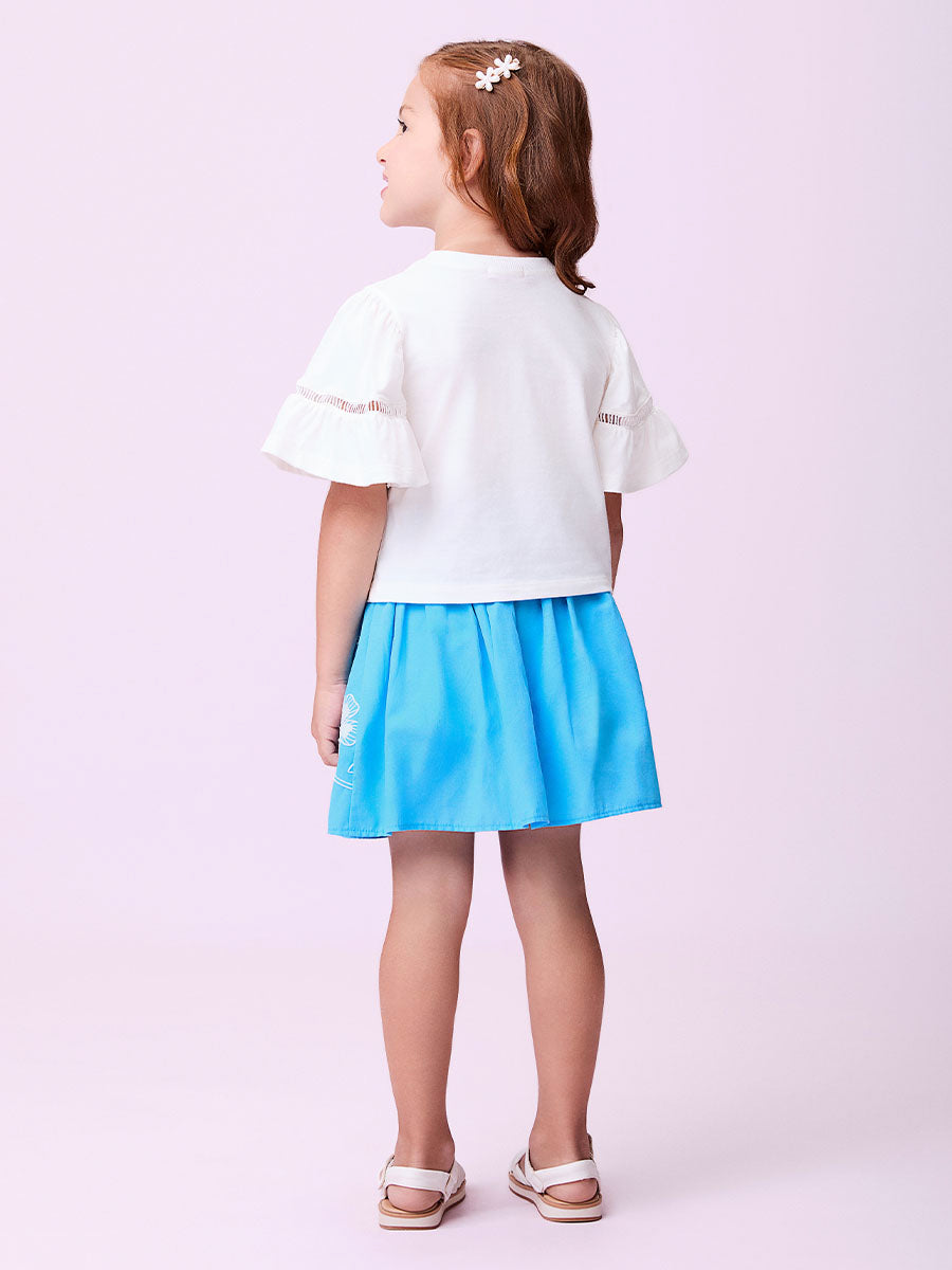 Conjunto Infanti Momi Verão Com Saia Azul Flores e Blusa Branca