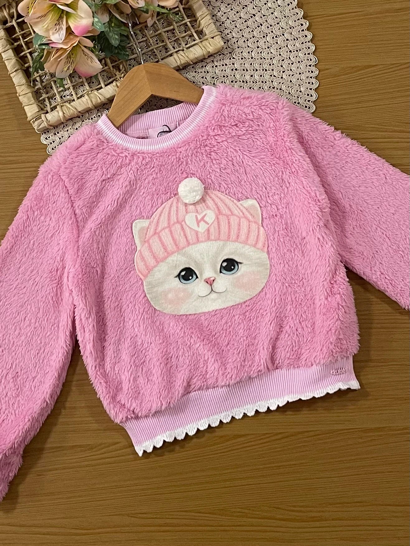 Conjunto Infantil Kukiê Inverno com Calça Legging e Moletom Rosa Gatinha