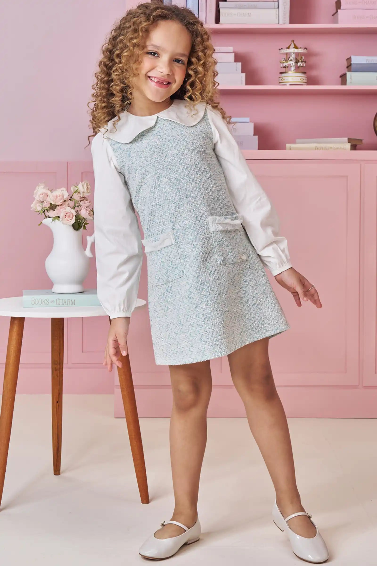 Vestido Infantil Kukiê Inverno Azul com Bolsinhos