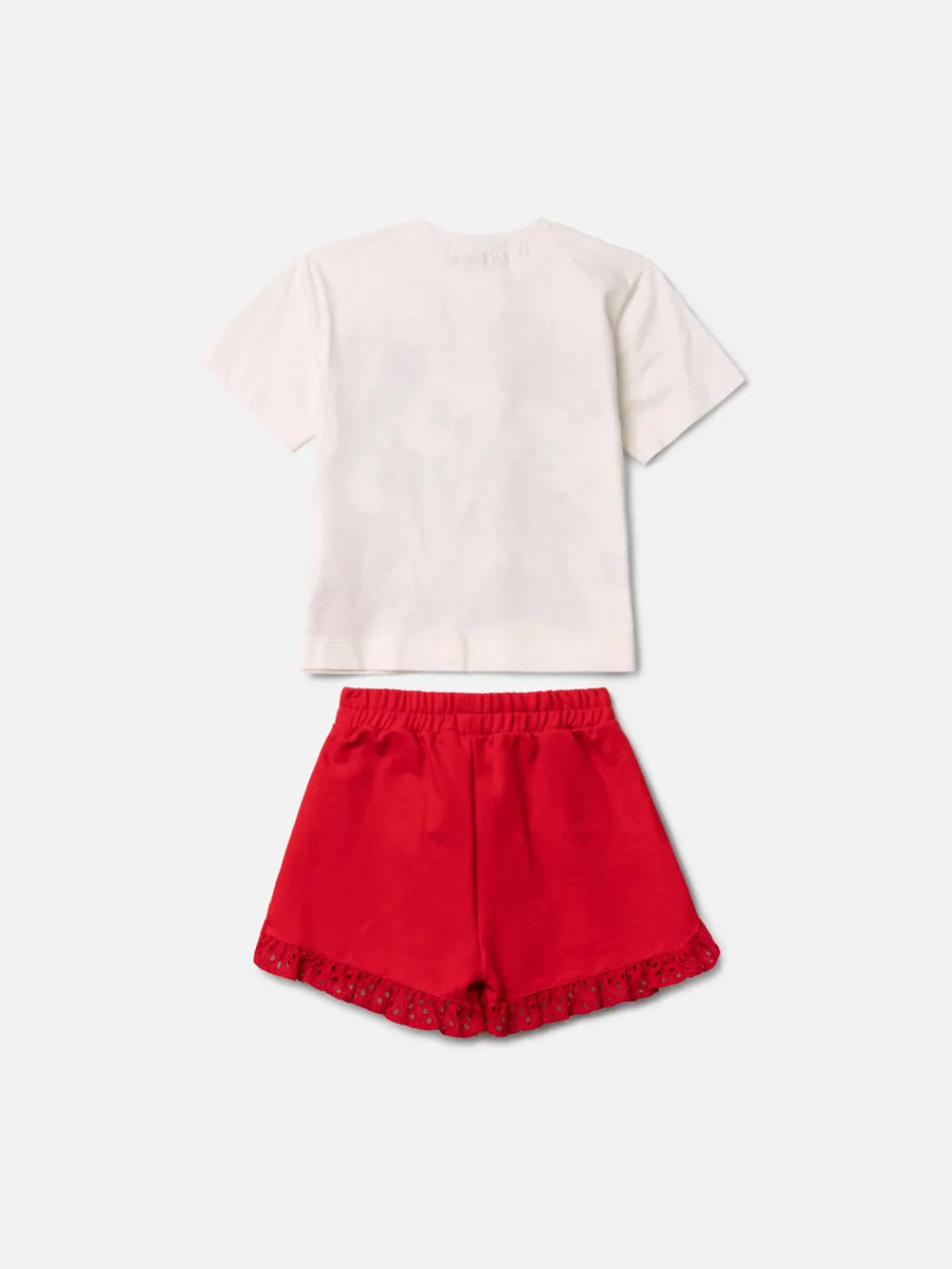 Conjunto Infantil Menina Animê Shorts Vermelho e Blusa Minnie e Mickey Strass Disney