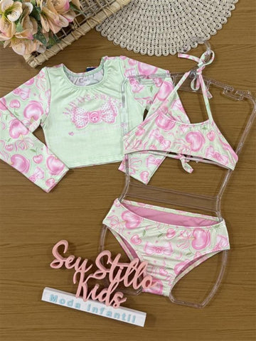 Biquíni Infantil Cinti Verão com Blusa Manga Longa Verde Docinhos