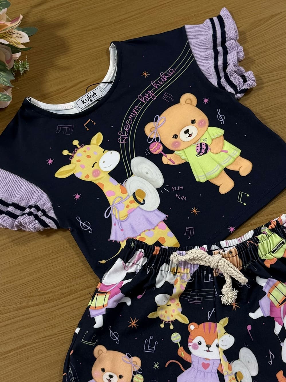 Conjunto Infantil Kukie Alecrim Verão Shorts e Blusa Azul Animais Musical