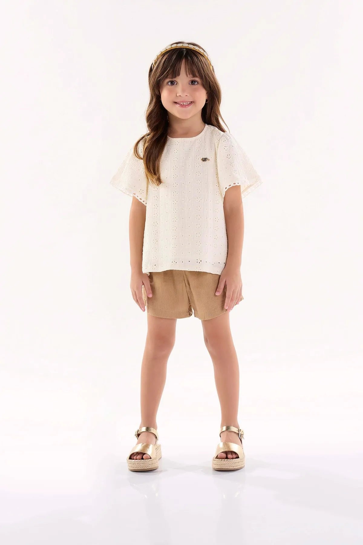 Conjunto Infantil Up Baby Verão Shorts e Blusa Laise Creme