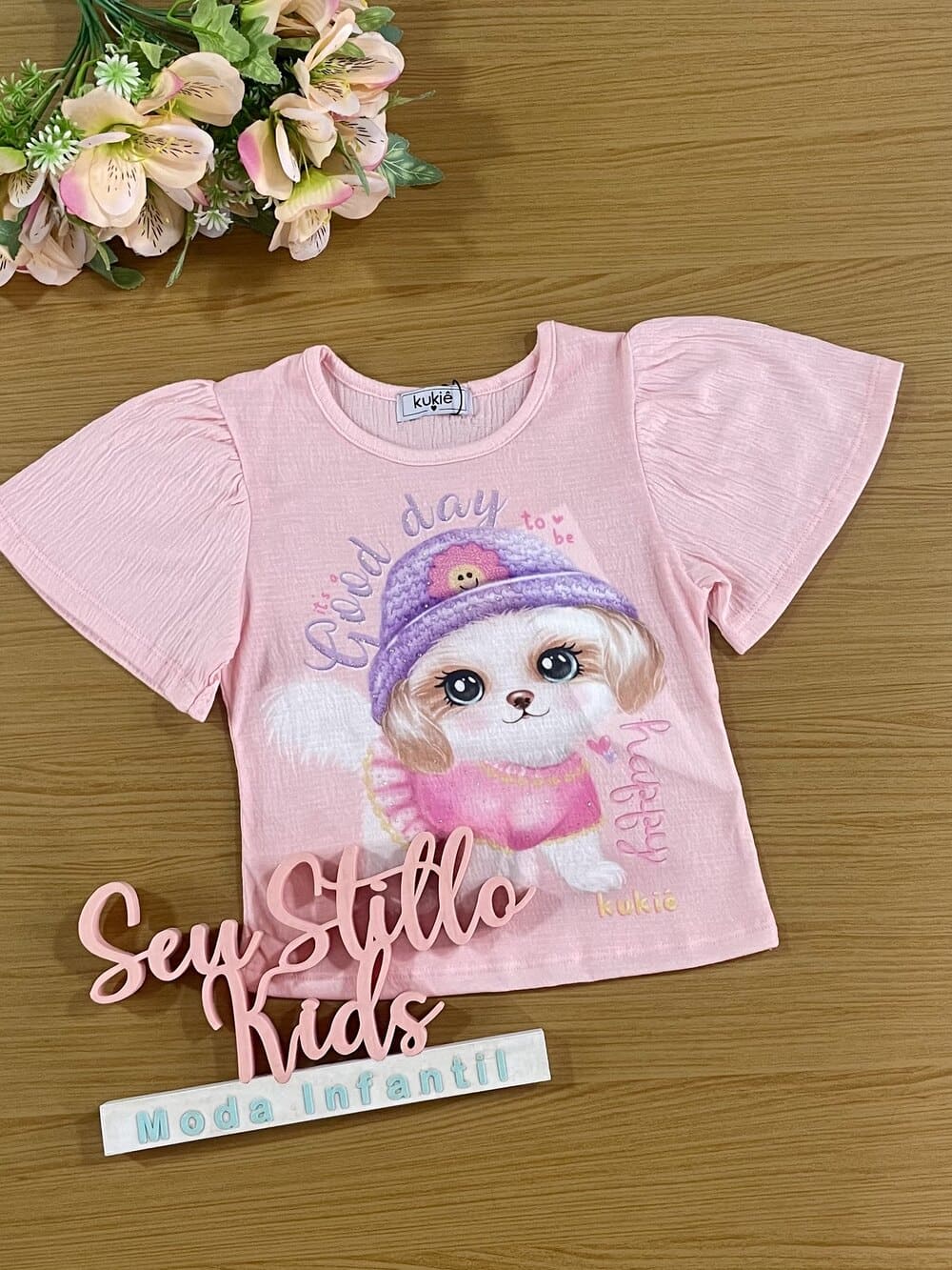 Blusa Infantil Kukie Verão Rosa Cachorrinha