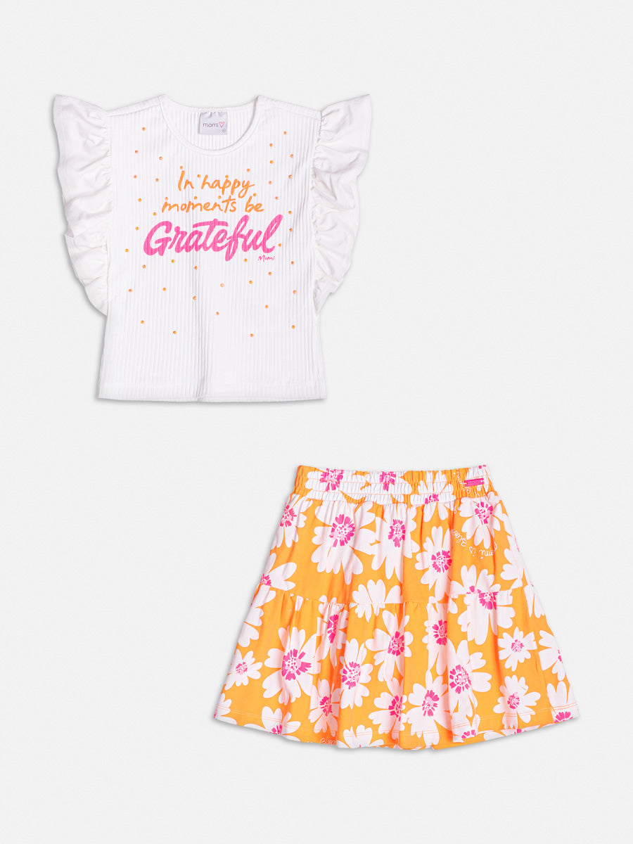 Conjunto Infantil Momi Verão Saia Laranja Flores e Blusa Grateful