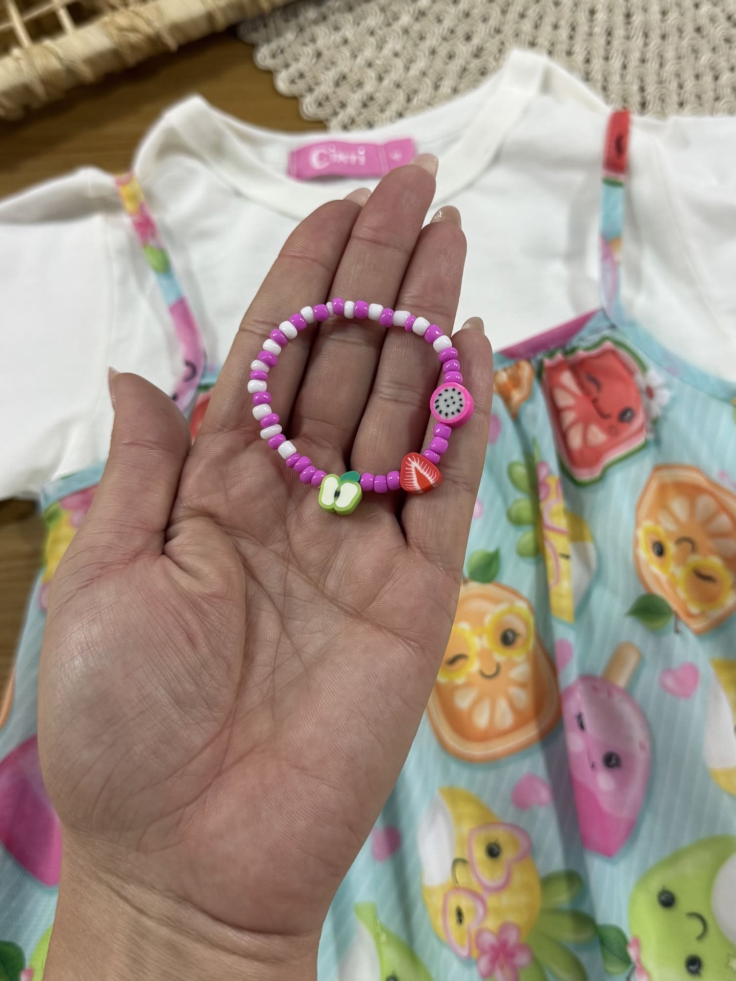 Vestido Infantil Cinti Verão com Pulseira e Sobreposição Azul Frutinhas