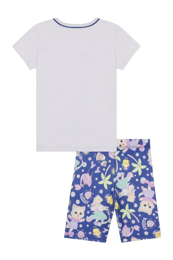 Conjunto Infantil Kukiê Verão com Shorts Ciclista Azul e Blusa Branca Friends Ship