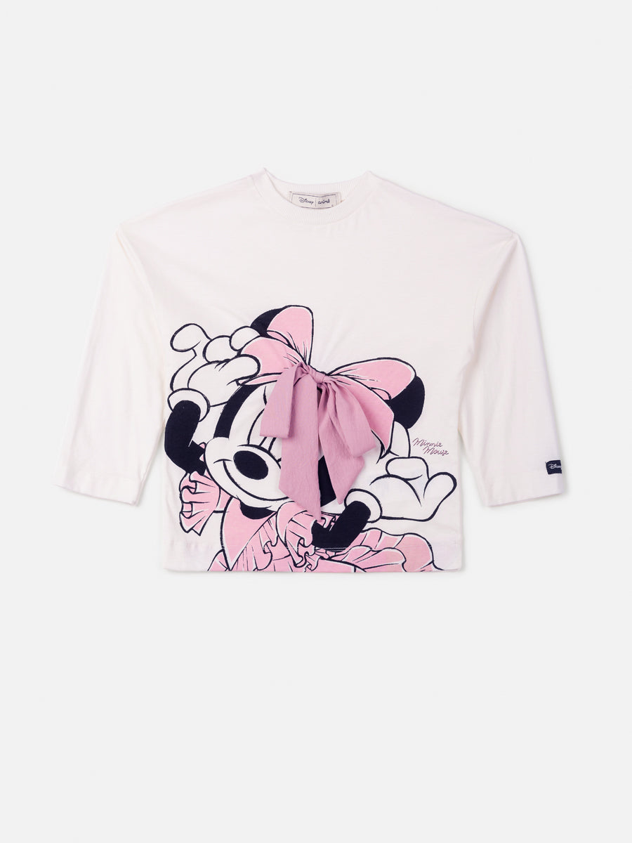 Conjunto Infantil Animê Inverno com Calça Preta e Blusa Branca com Laço Minnie Disney