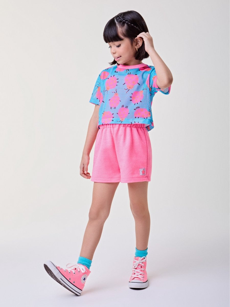 Conjunto Infantil Bimbi Verão, Shorts e Regata Rosa com Sobreposição em Tela Joaninha