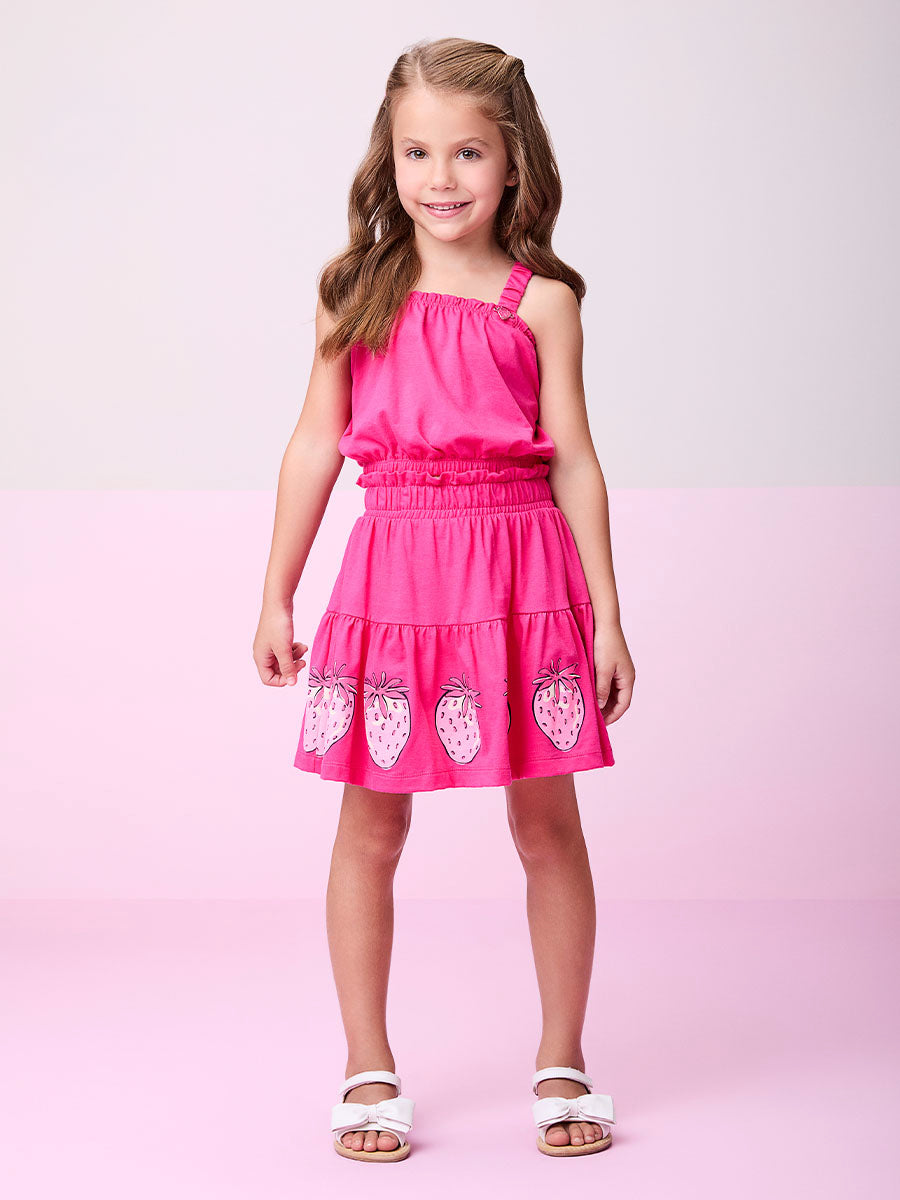 Conjunto Infantil Momi Verão Saia e Cropped Rosa Morango